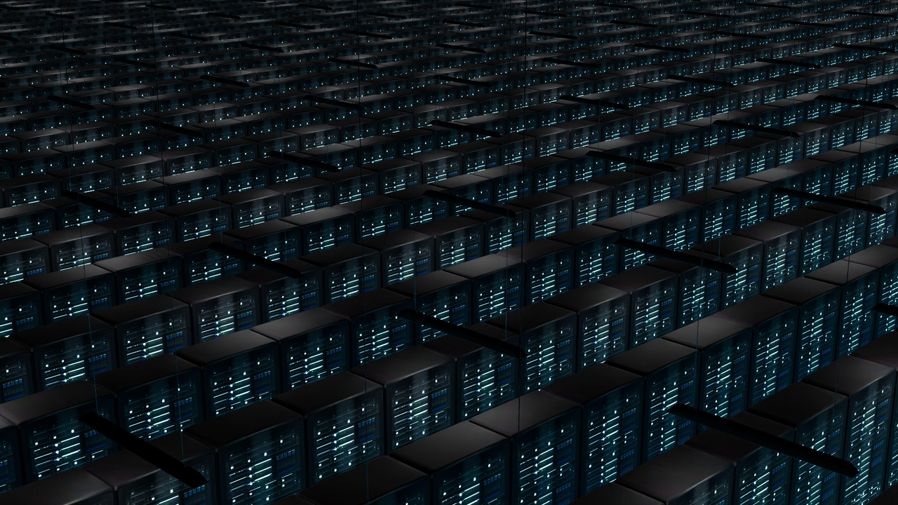 top view of an infinite room of illuminated servers top view of an infinite room of illuminated servers