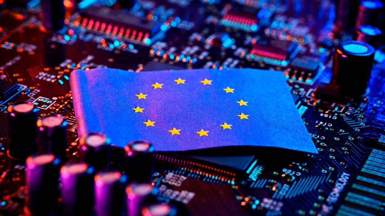 EU flag on a data center chip EU flag on a data center chip