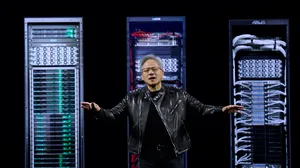 Nvidia CEO Jensen Huang speaking at a technology event Nvidia CEO Jensen Huang speaking at a technology event
