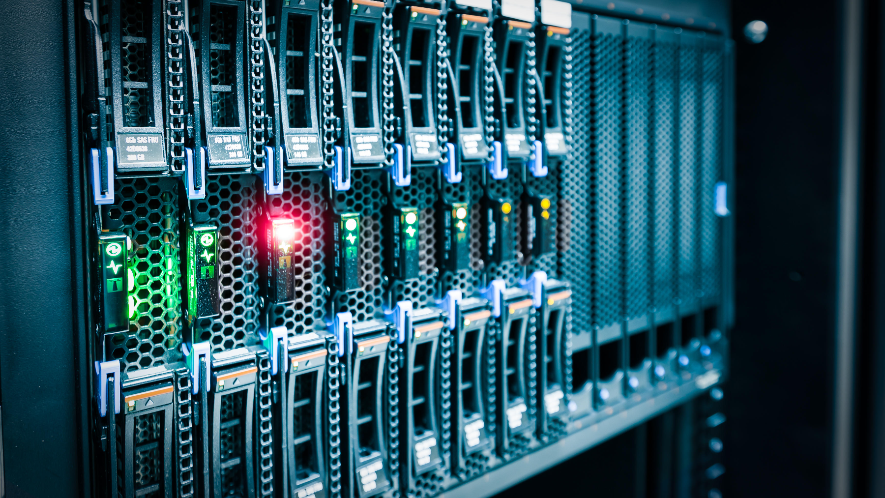 Computer Server mount on rack in data center room with red lighting alarm