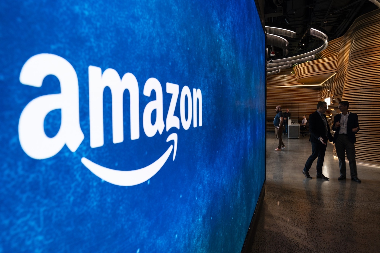 The Amazon logo appears on a screen panel at Amazon’s HQ2 in Arlington, Va. The Amazon logo appears on a screen panel at Amazon’s HQ2 in Arlington, Va.