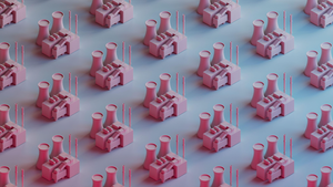 3D render of rows of nuclear power plant models standing against gray background 3D render of rows of nuclear power plant models standing against gray background