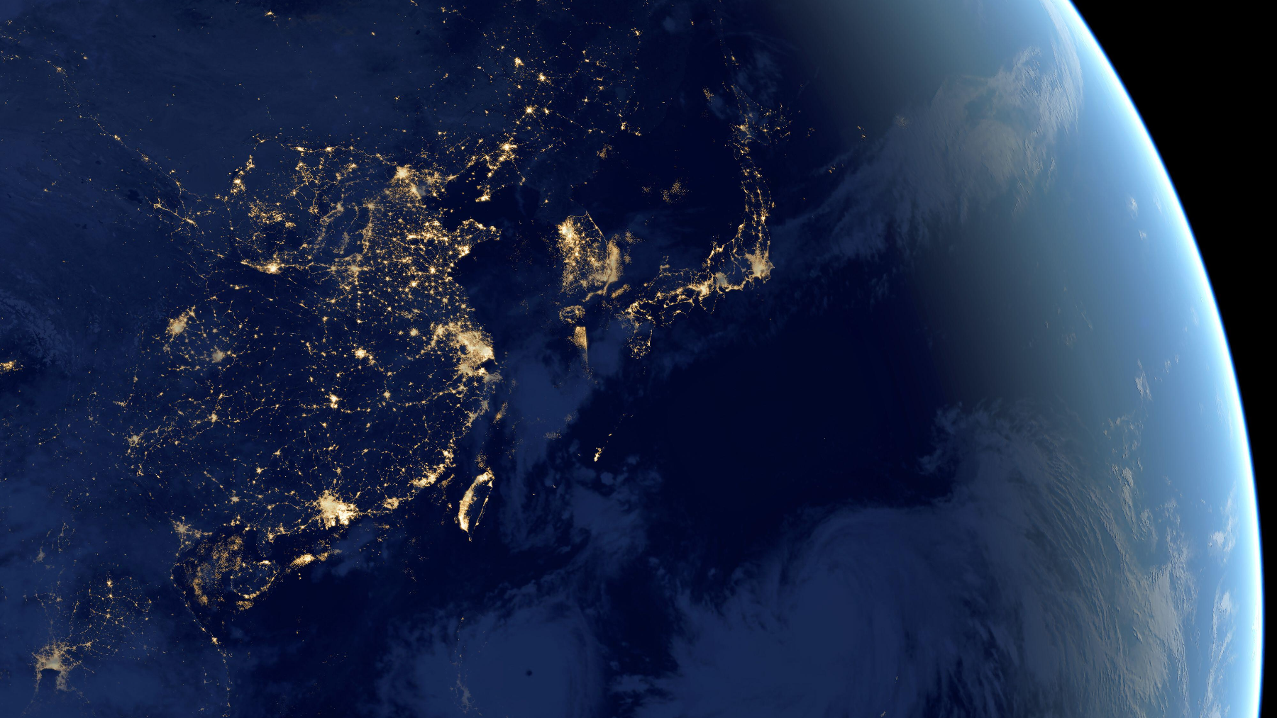China, Taiwan, Korea and Japan on globe at night