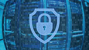 padlock symbol over server racks padlock symbol over server racks