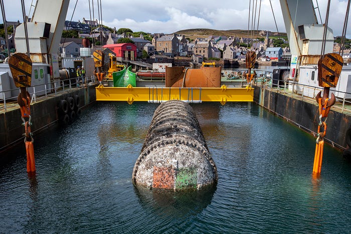 Microsoft's Project Natick data center was attached to a ballast-filled triangular base for deployment 117 feet deep on the seafloor off the Orkney Islands in Scotland in 2018. IMAGE: Jonathan Banks Microsoft's Project Natick data center was attached to a ballast-filled triangular base for deployment 117 feet deep on the seafloor off the Orkney Islands in Scotland in 2018. IMAGE: Jonathan Banks