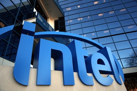 The Intel logo is displayed outside of the Intel headquarters in Santa Clara, California, in 2014.