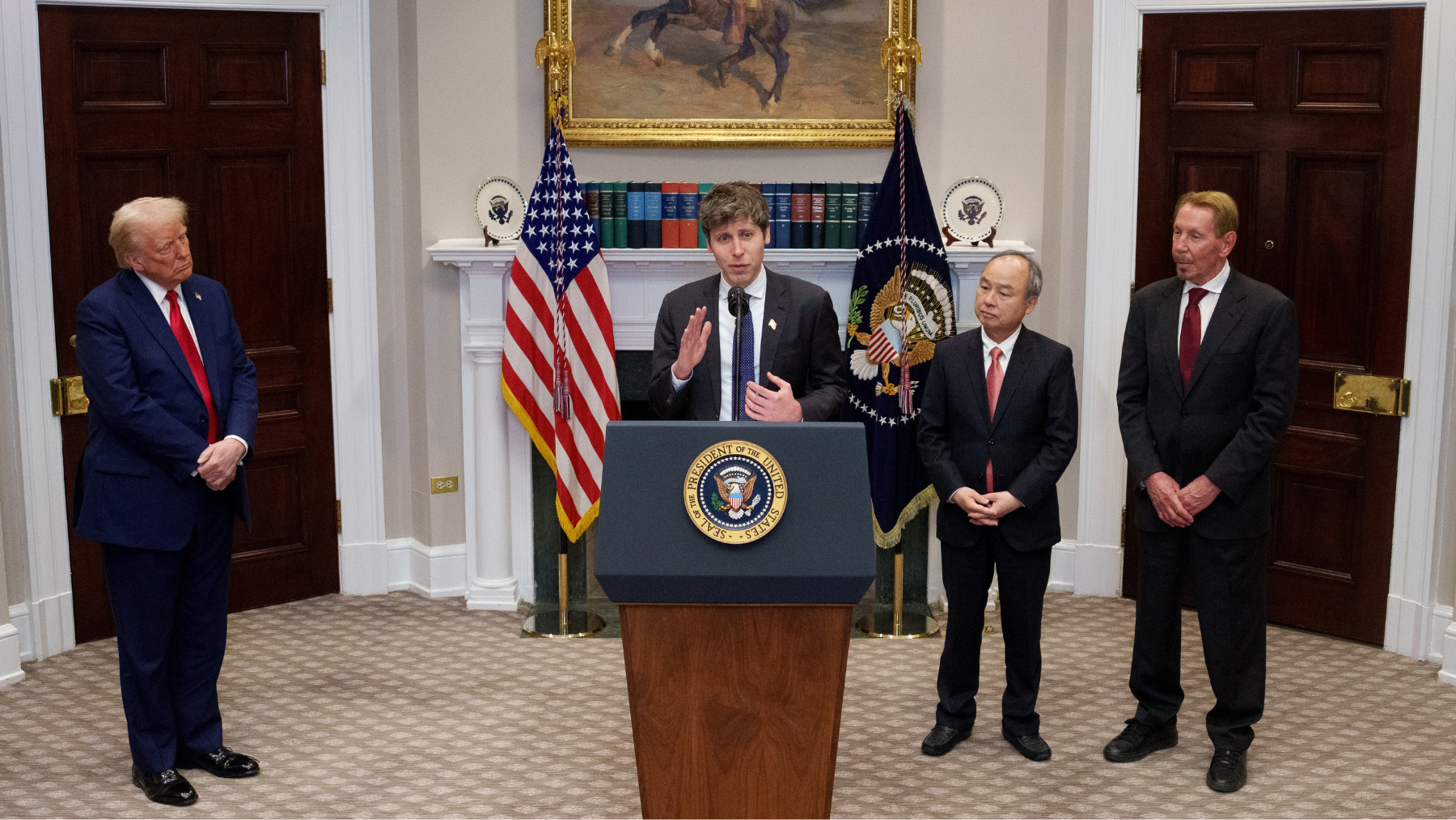 OpenAI CEO Sam Alton speaking at White House press event, accompanied by US President Donald Trump; Oracle co-founder, CTO, and Executive Chairman Larry Ellison; and SoftBank CEO Masayoshi Son