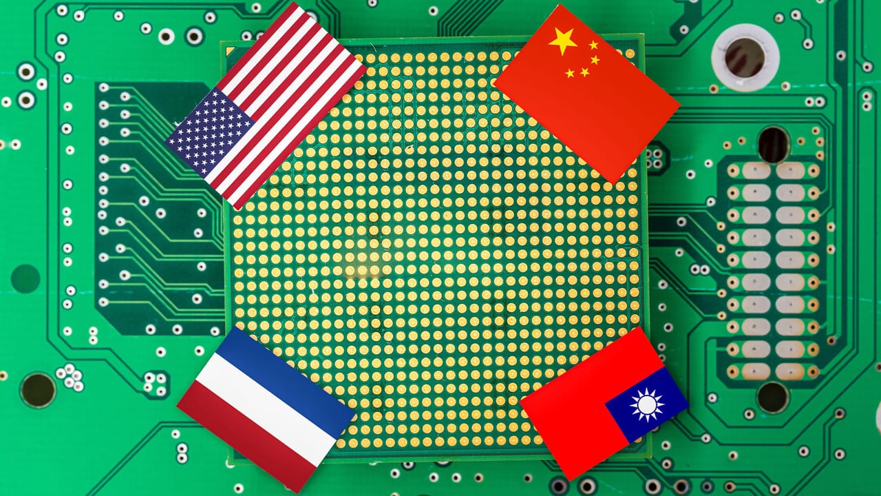 US, China, Dutch, and Taiwan flags on a printed circuit board US, China, Dutch, and Taiwan flags on a printed circuit board
