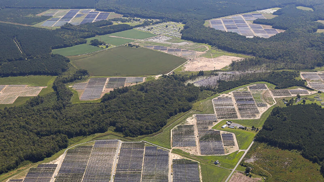 aerial view of Amazon Solar Farm – Eastern Shore, located in Accomack County, Va. aerial view of Amazon Solar Farm – Eastern Shore, located in Accomack County, Va.