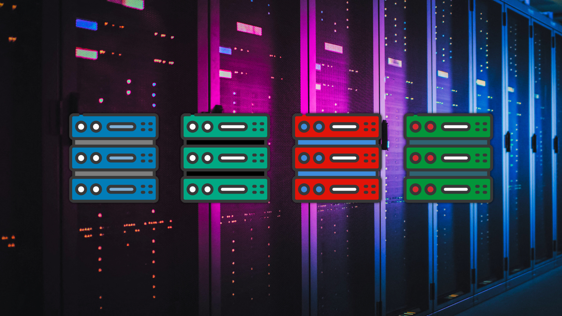 different color server icons against data center servers