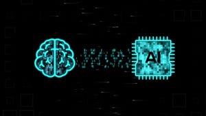A digital human brain and an AI chip between which rays of information and binary code numbers move on a black background