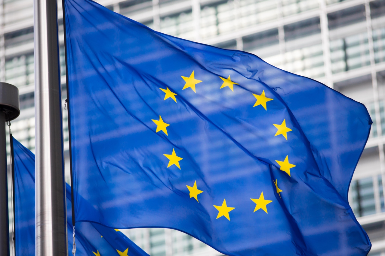 EU flag in front of building EU flag in front of building