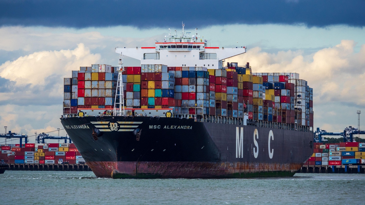 Containers on the MSC Alexandra Container Ship arriving at the Port of Felixstowe UK as part of the global supply chain. Containers on the MSC Alexandra Container Ship arriving at the Port of Felixstowe UK as part of the global supply chain.