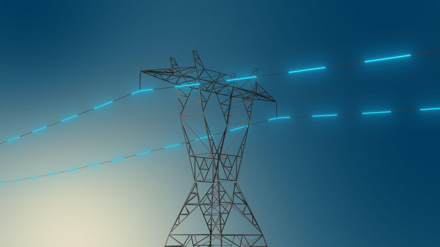 High voltage lines with stylized blue electricity transmitting on them