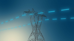 High voltage lines with stylized blue electricity transmitting on them High voltage lines with stylized blue electricity transmitting on them