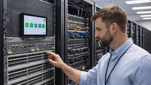 a person examines the Juniper PTX12000 router a person examines the Juniper PTX12000 router