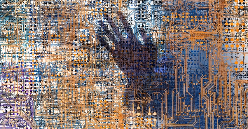 hand seen within network of computer circuitry