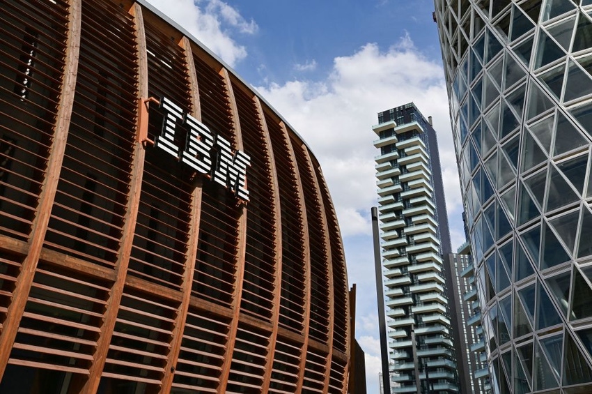 The IBM logo is pictured in the Garibaldi-Porta Nuova modern district of Milan on June 22, 2021.