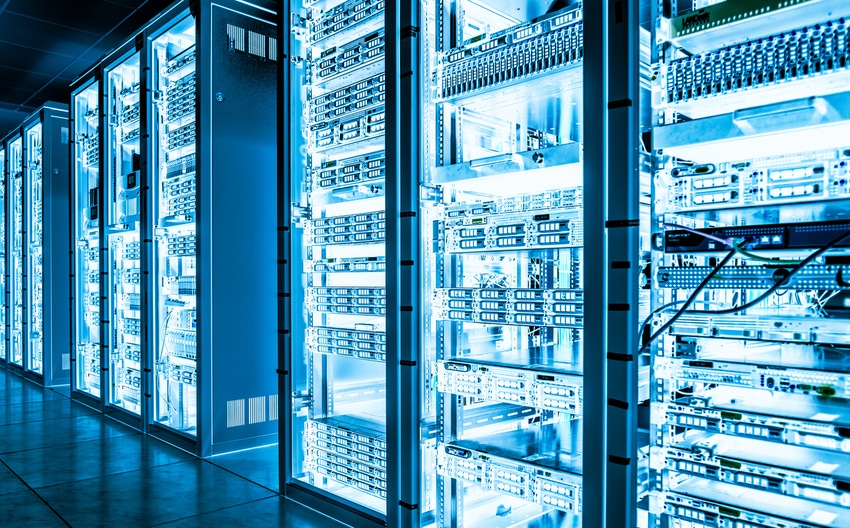 blue lit servers in a data center