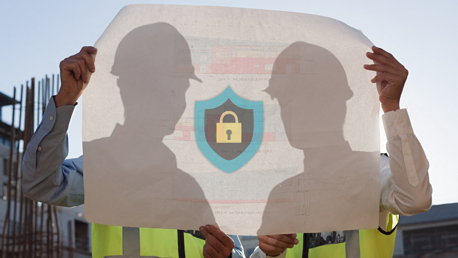 construction workers look at blueprint featuring a padlock design