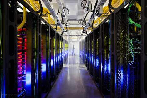Rows of networking equipment inside a Google data center in Council Bluffs, Iowa. Monday's Gmail outage was attributed to a software update that caused performance problems for network load balancers. (Photo for Google by Connie Zhou)