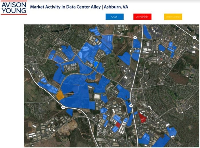 Map of real estate available for data centers in Ashburn, Virginia