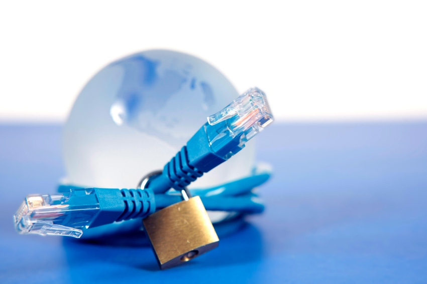 Network cable with lock around a earth with blue background