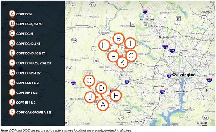 Map of COPT data centers in Northern Virginia
