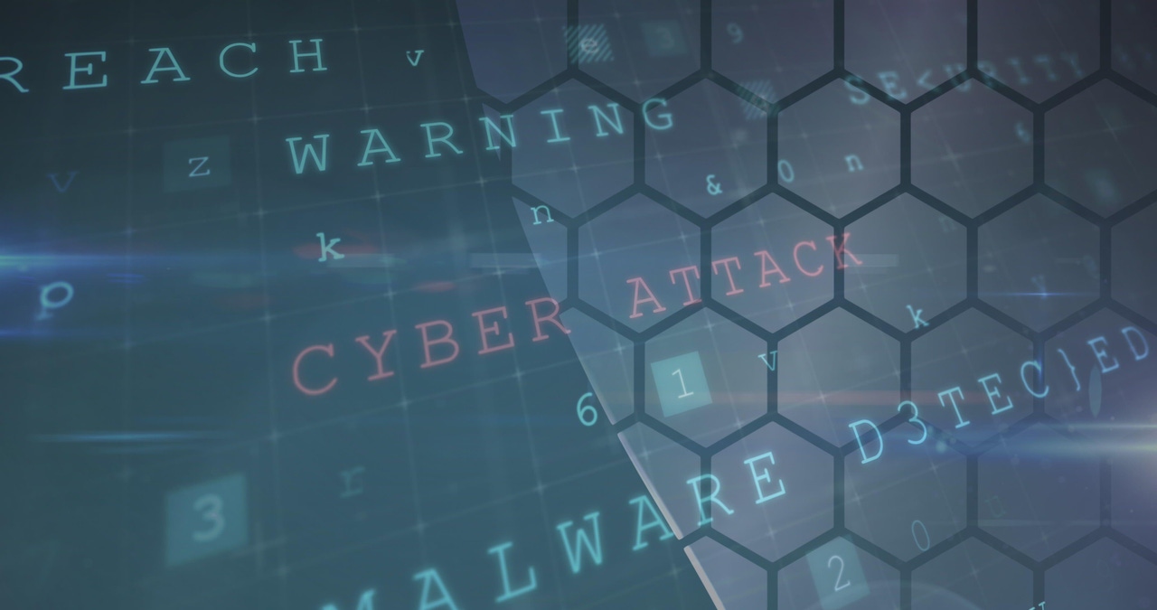 Image of cyberattack warning text and numbers changing over hexagons Image of cyberattack warning text and numbers changing over hexagons