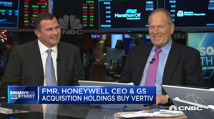 Vertiv CEO Rob Johnson (left) and former Honeywell CEO David Cote being interviewed by CNBC host Jim Cramer