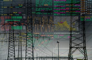 Symbolic image critical infrastructure with power lines and computer code