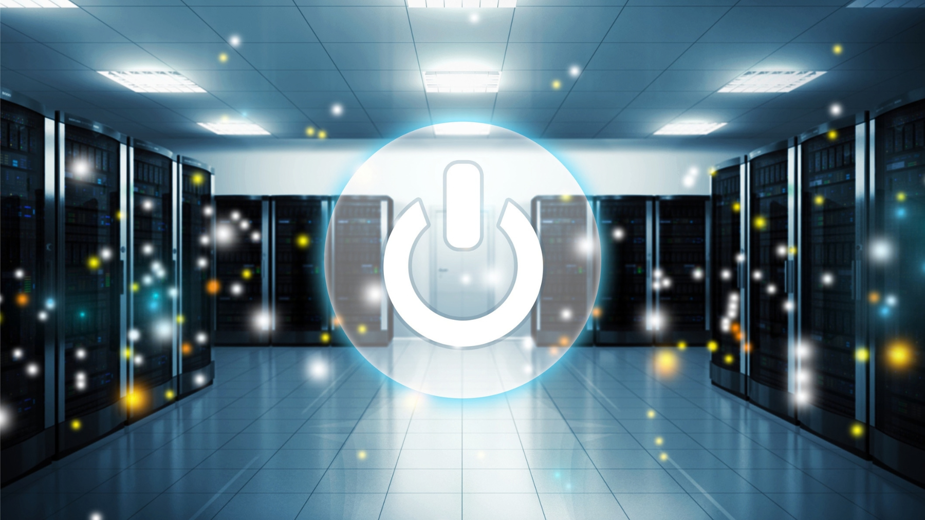 Corridor in Working Data Center with Power Icon overlay
