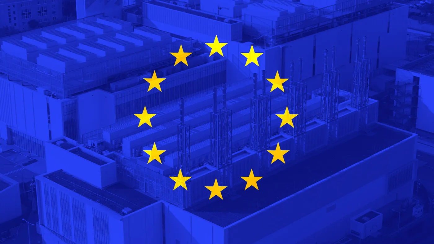 EU flag superimposed on a data center EU flag superimposed on a data center
