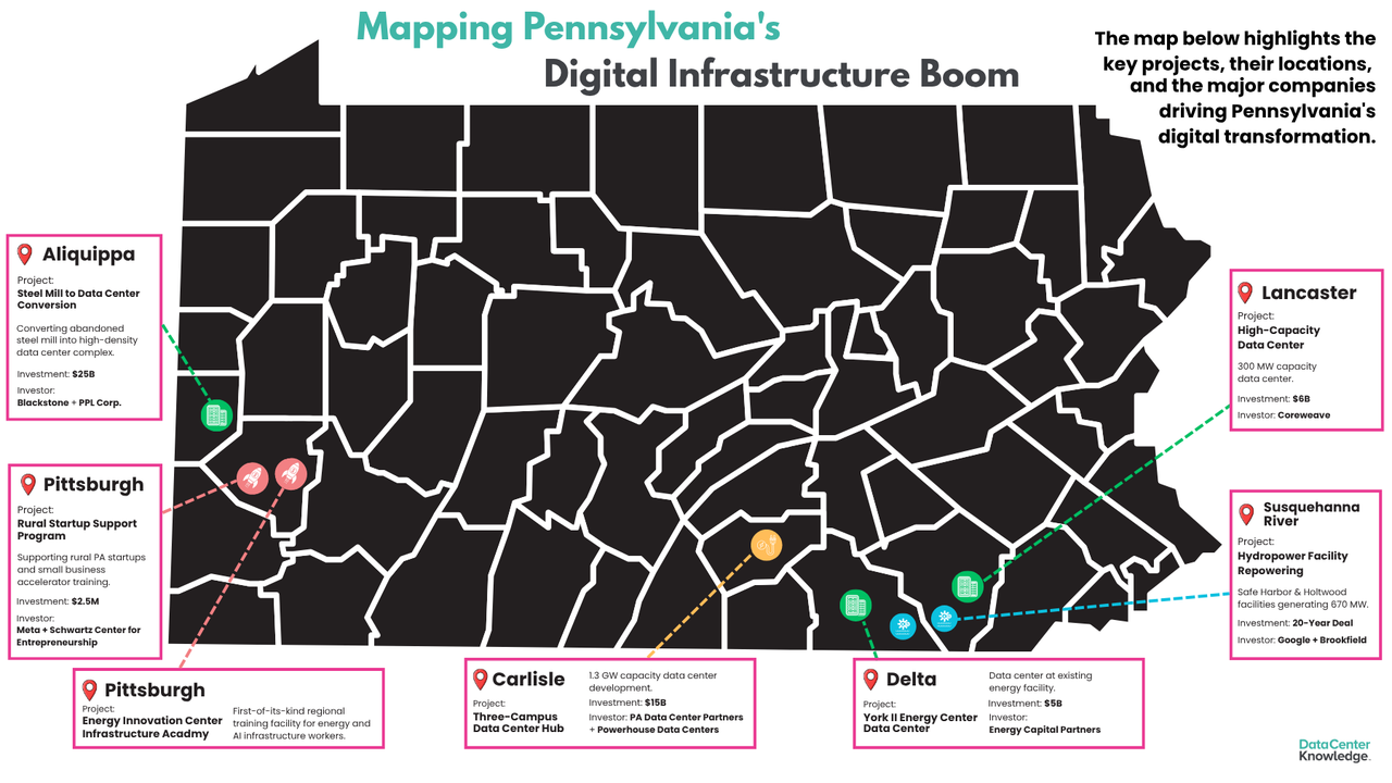 map of Pennsylvania with icons marking the approximate locations of data center-related projects map of Pennsylvania with icons marking the approximate locations of data center-related projects