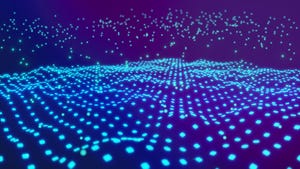 A 3D illustration of neon blue waves with dots, big data lake waves concept.