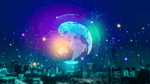 futuristic globe hologram hovering above city skyline futuristic globe hologram hovering above city skyline