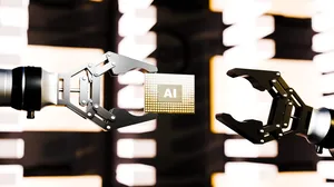 Opposing silver and black robotic arms gripping a golden AI microchip between precision claws Opposing silver and black robotic arms gripping a golden AI microchip between precision claws