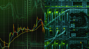 split screen showing high-frequency trading simulation on one side and data center infrastructure on the other split screen showing high-frequency trading simulation on one side and data center infrastructure on the other