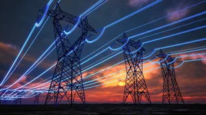 High-Voltage Power Lines at Sunset with Digital Energy Flow High-Voltage Power Lines at Sunset with Digital Energy Flow