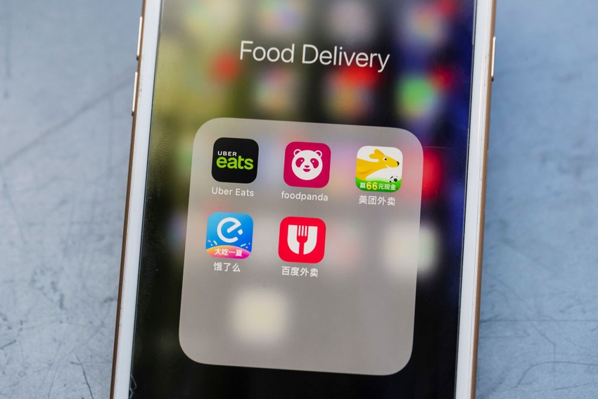 Uber Eats, food panda, Meituan, Ele.me, Baidu Waimai mobile food delivery app icons seen on a screen in Hong Kong