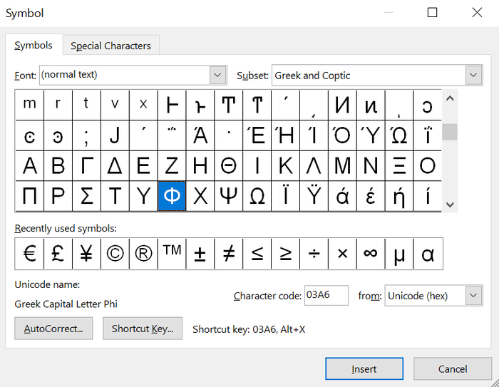 You can find the phi symbol in the Advanced Symbols library in Microsoft Word.
