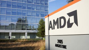 AMD logo at the company's headquarters in Santa Clara, California