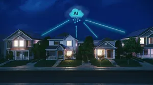 suburban homes connected to a cloud glyph via glowing dotted lines suburban homes connected to a cloud glyph via glowing dotted lines