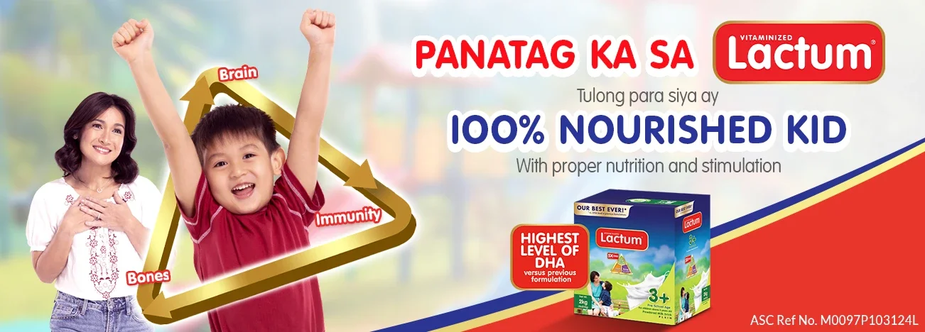 Lactum ad with mother and child, promoting brain, immunity, and bones.