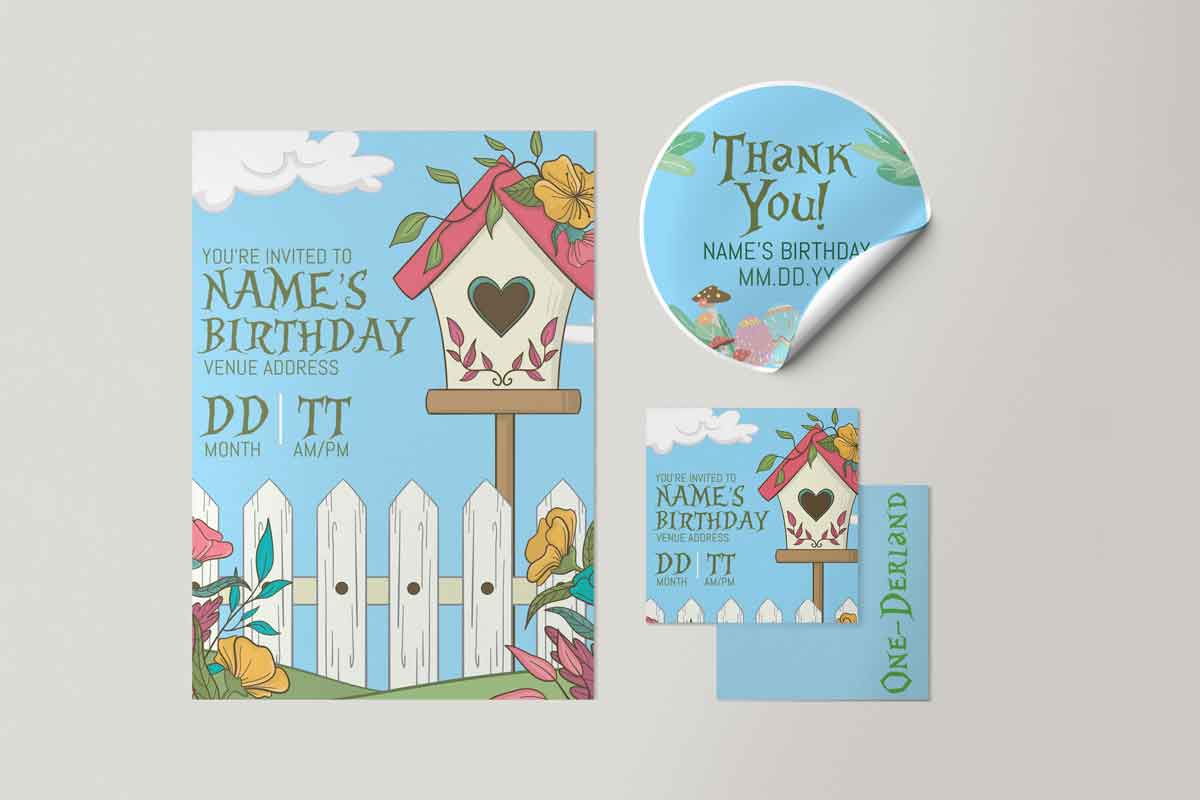 Birdhouse-Themed Birthday Invitation Set with Light Colors and Floral Details