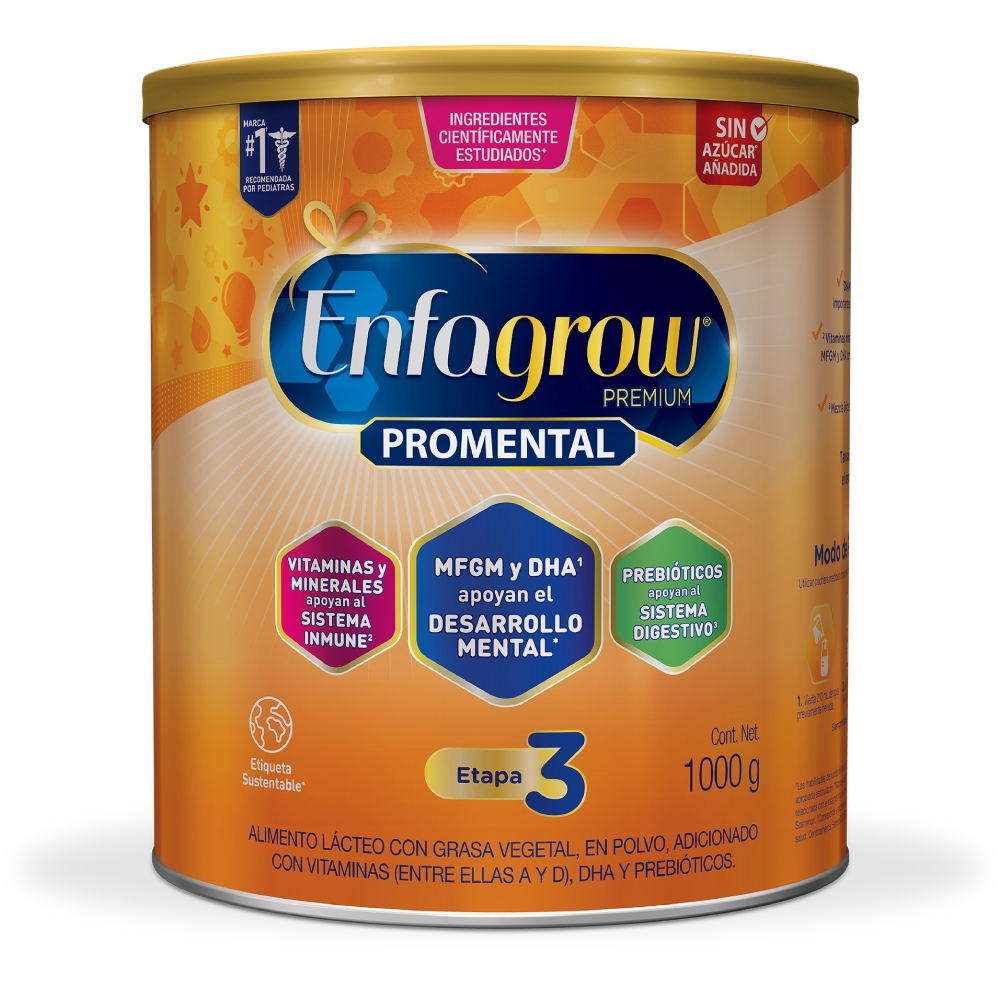 Fórmula mejorada, única con MFGM, sin azúcares añadidos, con DHA+ y otros nutrientes que complementa la alimentación adecuada para el desarrollo del niño.