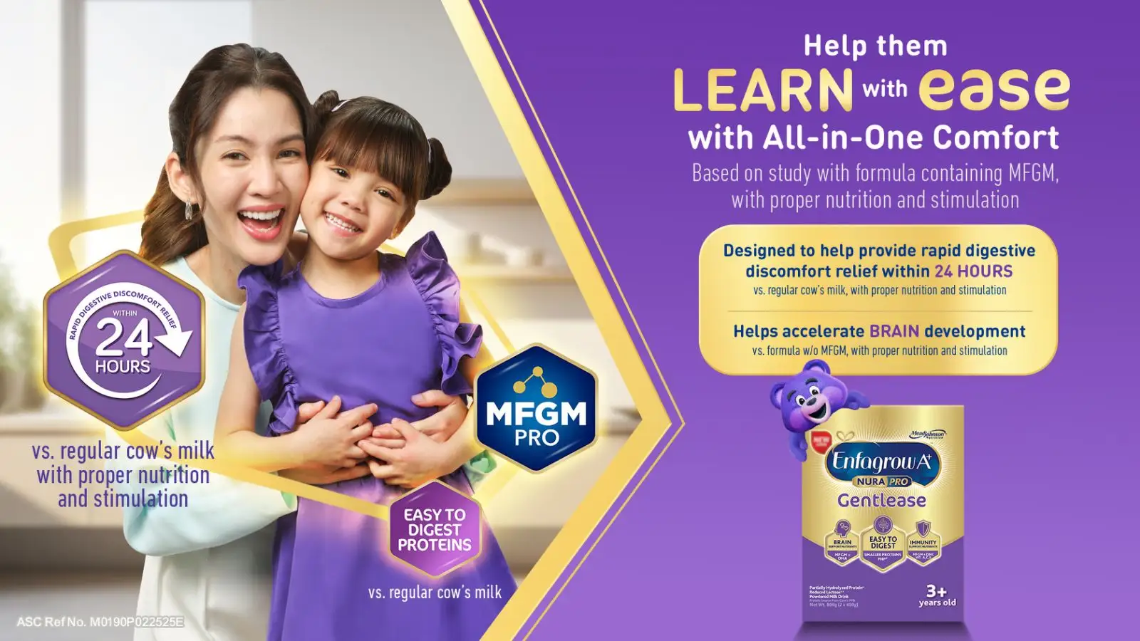 Promotional image for Enfagrow A+ Gentlease 3+ showing a mother and child smiling, highlighting features like digestive relief, brain health, and easy digestion for children 3+ years old.