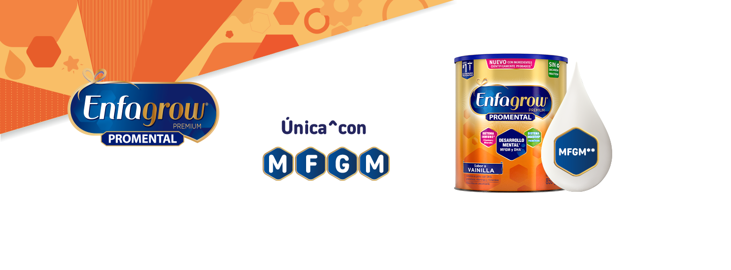 Lata de Enfagrow ProMental junto a ilustración de gota de leche con MFGM, destacando que es la única fórmula infantil recomendada con este ingrediente para el desarrollo mental.
