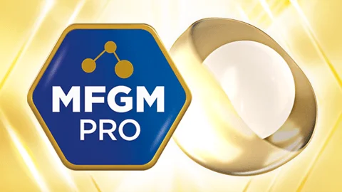 MFGM PRO Emblem With Molecular Graphic And Gold Ring On Yellow And White Gradient Background
