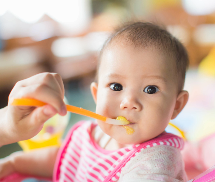 Bebé siendo alimentado con cuchara, representando el desarrollo y cuidado del aparato digestivo infantil.
